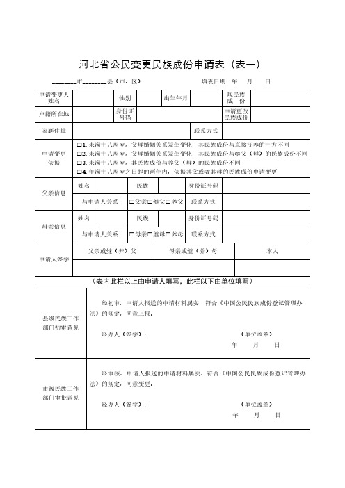 河北省公民变更民族成份申请表