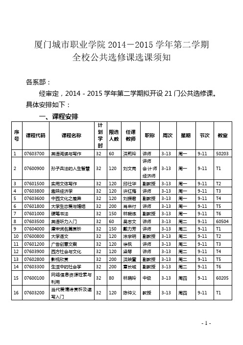 厦门城市职业学院2014-2015学年第二学期全校公共选修课选课须知