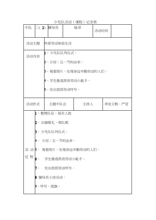 二中队“热爱劳动-体验成长”活动记录表