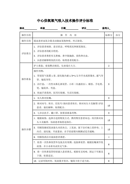 中心供氧氧气吸入技术操作评分标准