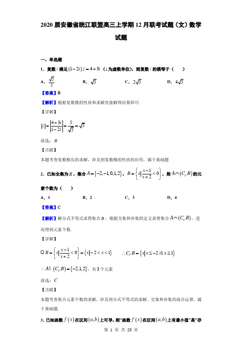 2020届安徽省皖江联盟高三上学期12月联考试题(文)数学试题(解析版)