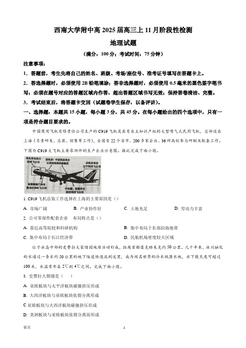 重庆市西南大学附属中学校2024-2025学年高三上学期11月阶段性检测地理试题含答案