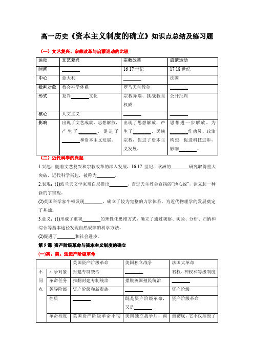 高一历史《资本主义制度的确立》知识点总结及练习题