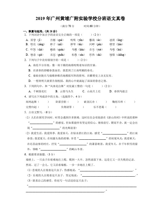 2019年广州黄埔广附实验学校分班语文真卷