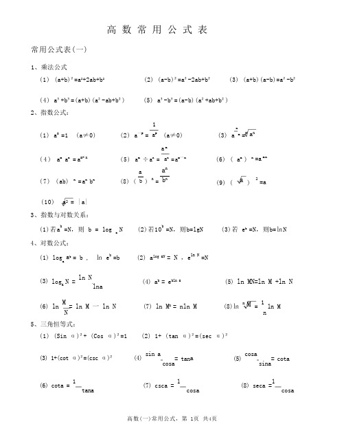 自考高等数学一(微积分)常用公式表