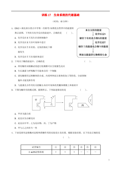 2013年高考生物二轮复习专练 专题17 生命系统的代谢基础 新人教版