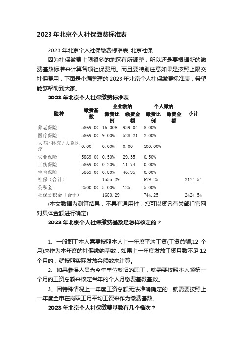 2023年北京个人社保缴费标准表