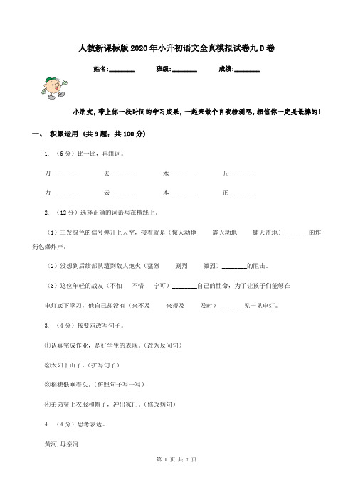 人教新课标版2020年小升初语文全真模拟试卷九D卷