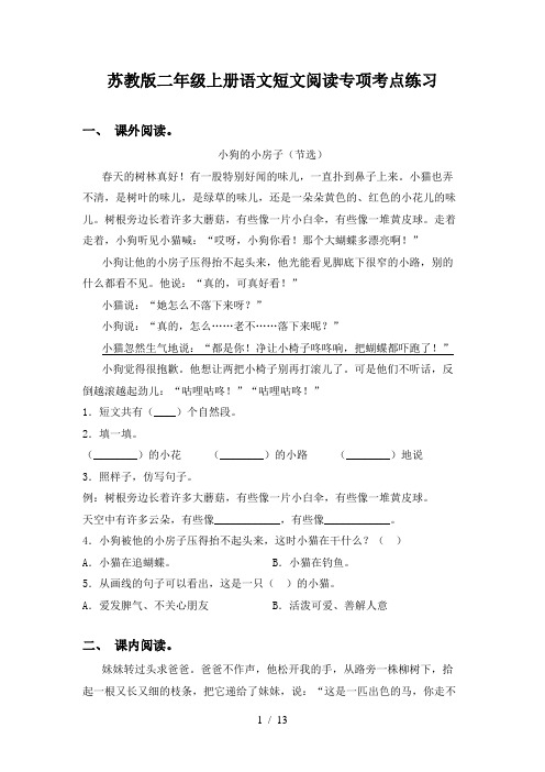 苏教版二年级上册语文短文阅读专项考点练习