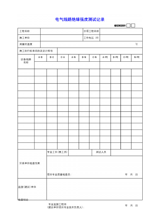 电气线路绝缘强度测试记录