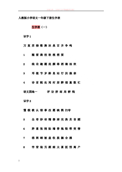 人教版小学语文一年级下册生字表