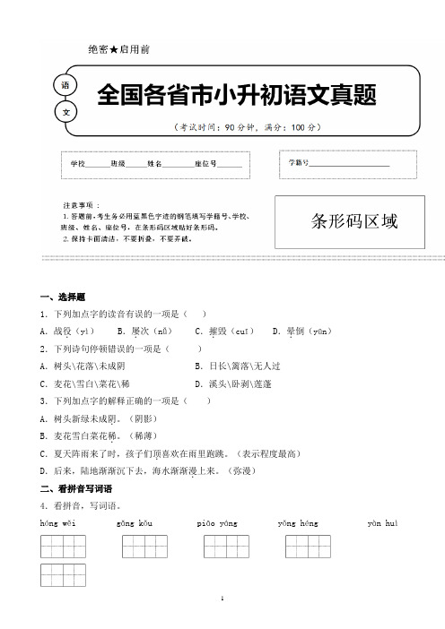 【小升初】2020年浙江省丽水市小升初语文毕业会考试题含答案(全网唯一)