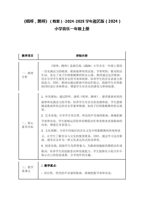 《唱呀,跳呀》(教案)-2024-2025学年湘艺版(2024)小学音乐一年级上册