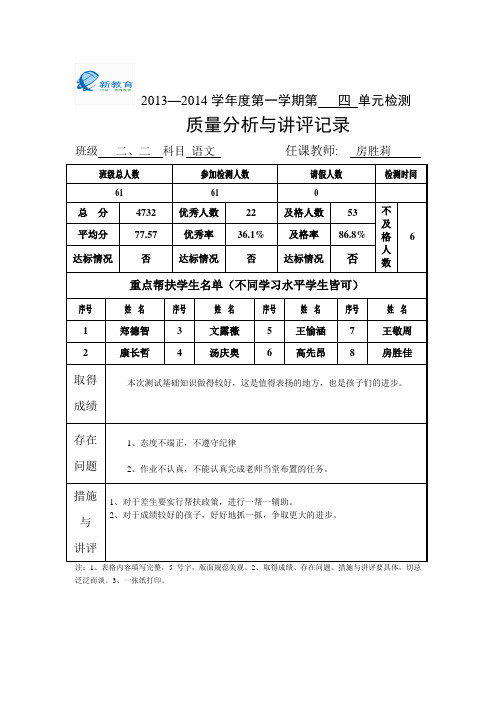 二上第四单元质量分析表