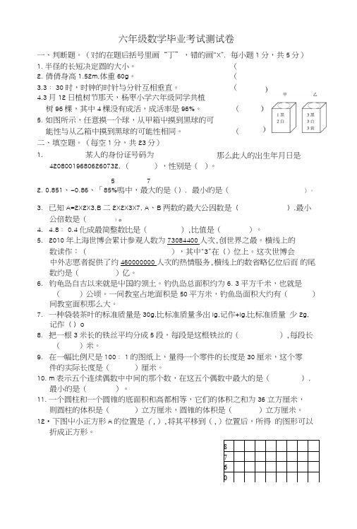 六年级数学毕业考试测试卷.doc