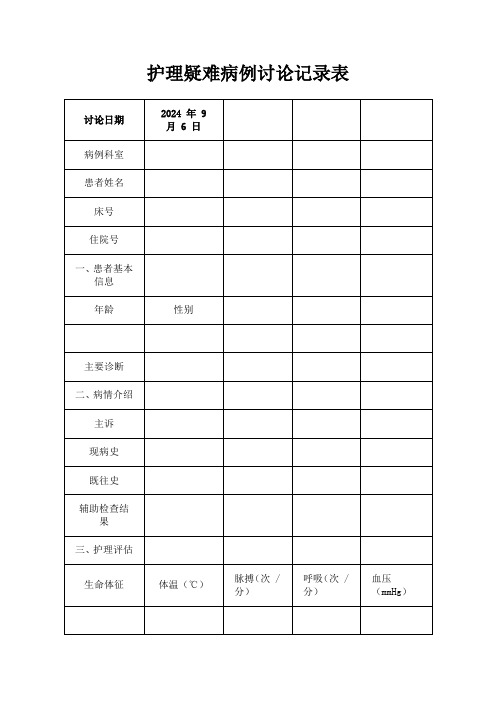 护理疑难病例讨论记录表