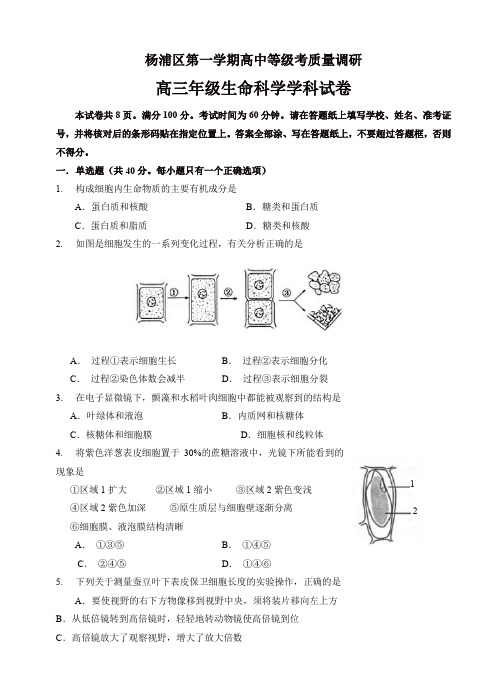 上海市杨浦区高三上学期期末考质量调研(一模)生命科学试题(有答案)