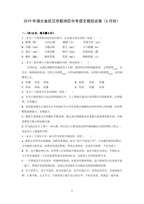 2019年湖北省武汉市新洲区中考语文模拟试卷(6月份)