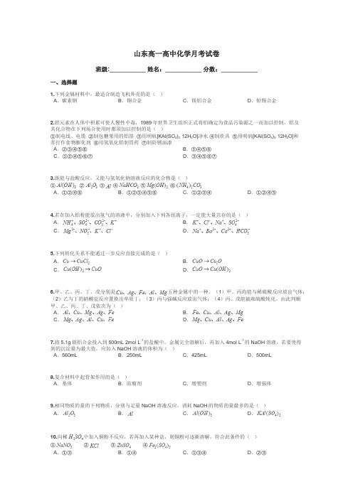 山东高一高中化学月考试卷带答案解析
