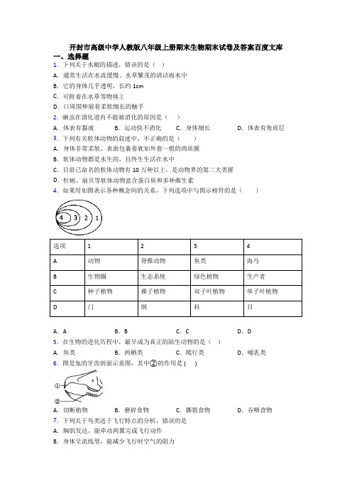 开封市高级中学人教版八年级上册期末生物期末试卷及答案百度文库