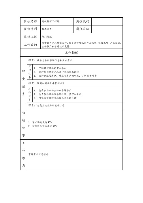 高级售前工程师--科技开发类公司岗位职责说明书