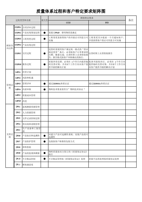 质量体系的过程和客户特定要求矩阵图