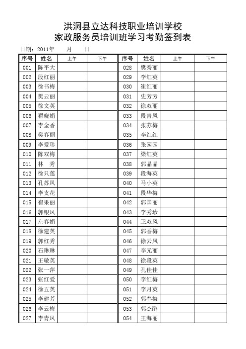 家政服务员签到表、花名册