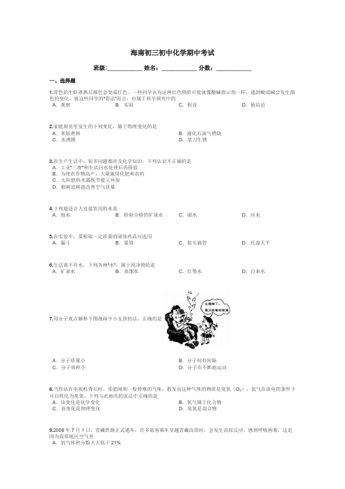 海南初三初中化学期中考试带答案解析
