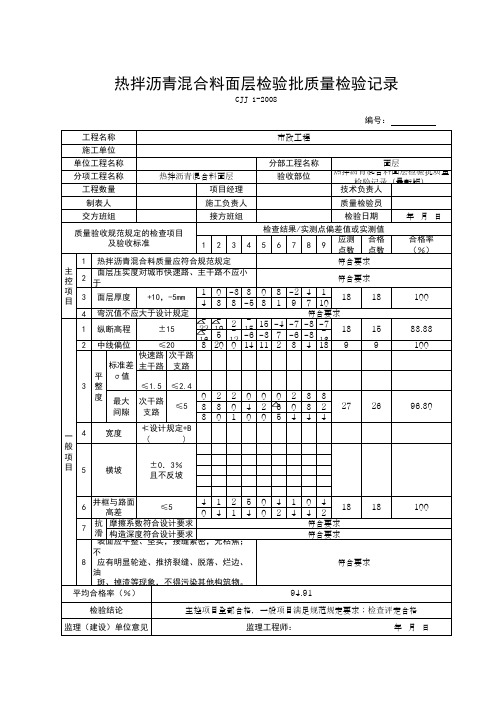 热拌沥青混合料面层检验批质量检验记录(最新版)