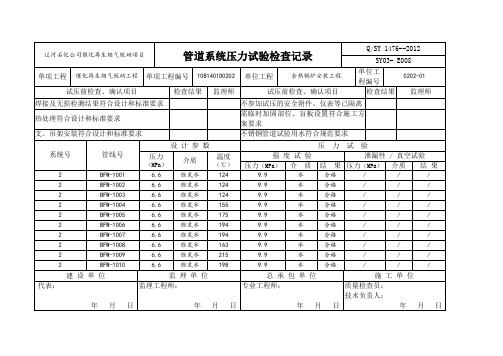 管道系统压力试验检查记录