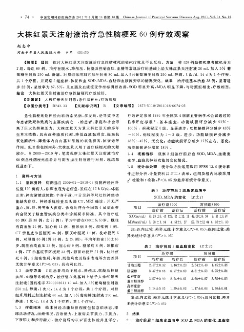 大株红景天注射液治疗急性脑梗死60例疗效观察