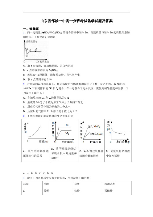 山东省邹城一中高一分班考试化学试题及答案