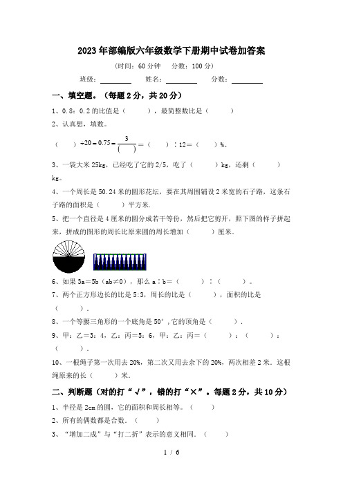 2023年部编版六年级数学下册期中试卷加答案