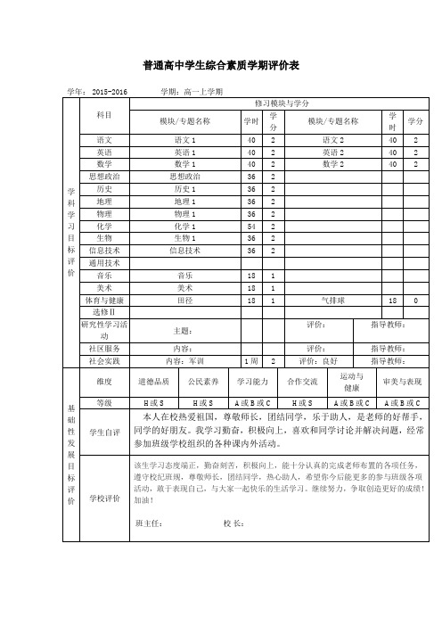 高中学生综合素质学期评价表