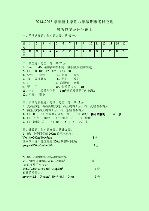 2014秋八年级期末考试物理答案
