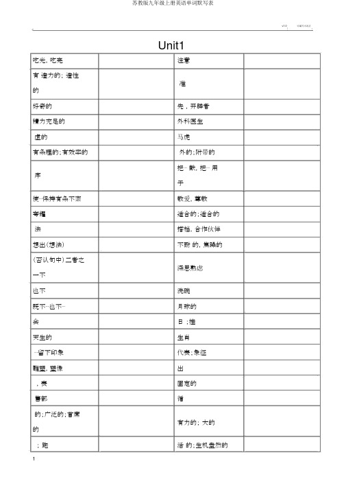 苏教版九年级上册英语单词默写表