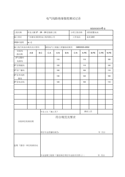 电气线路绝缘强度测试记录