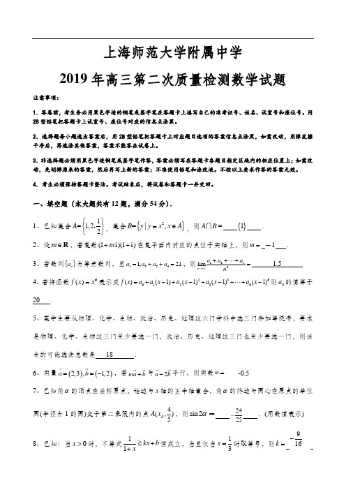 上海师范大学附属中学2019年高三下第二次质量检数学卷