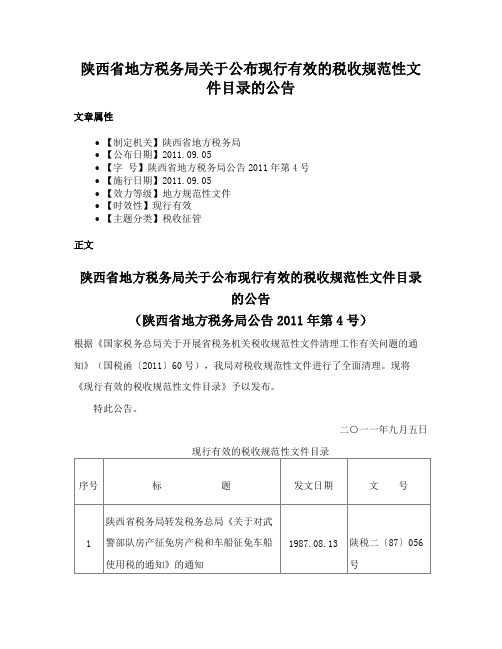 陕西省地方税务局关于公布现行有效的税收规范性文件目录的公告