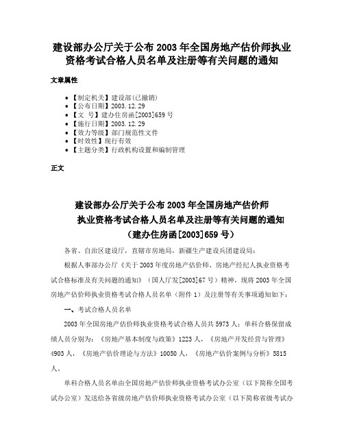 建设部办公厅关于公布2003年全国房地产估价师执业资格考试合格人员名单及注册等有关问题的通知