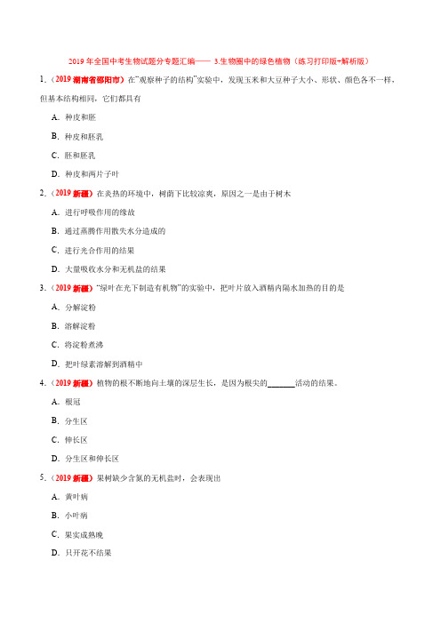 2019年全国中考生物试题分专题汇编—— 3.生物圈中的绿色植物(练习打印版+解析版)