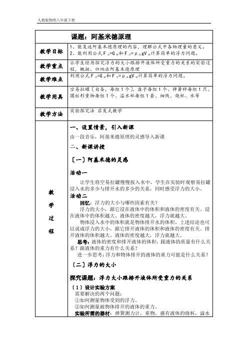 人教版物理八年级下册《阿基米德原理》教学设计