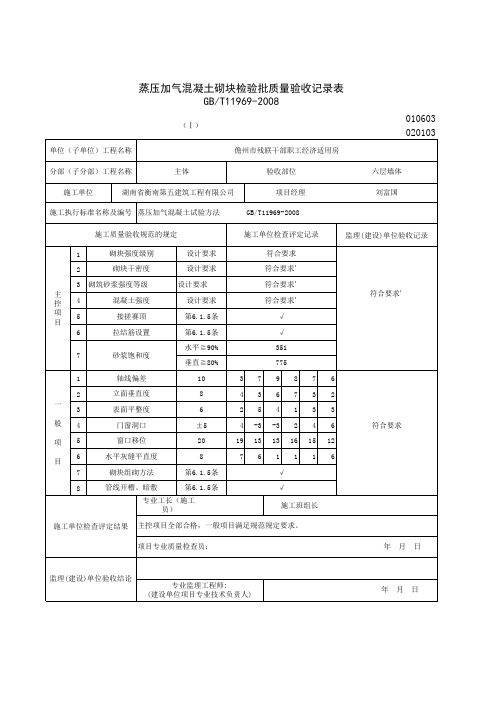 蒸压加气混凝土砌块检验批质量验收记录表