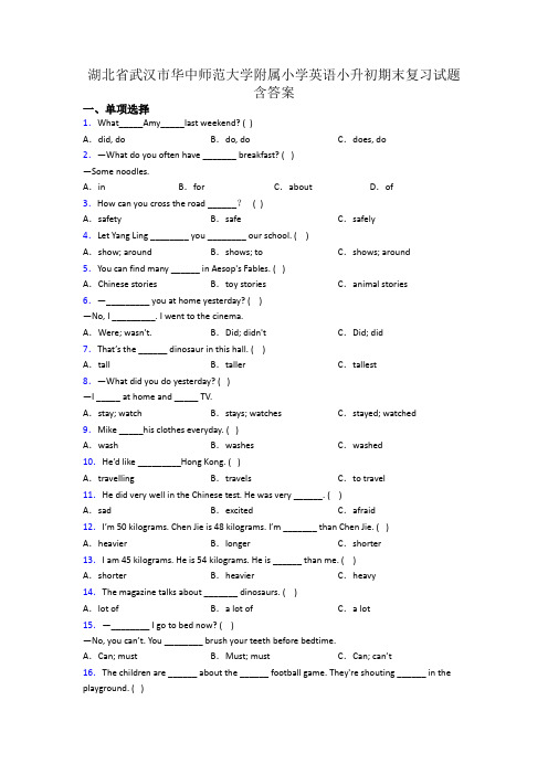 湖北省武汉市华中师范大学附属小学英语小升初期末复习试题含答案