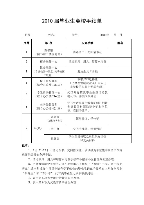 毕业生离校手续单