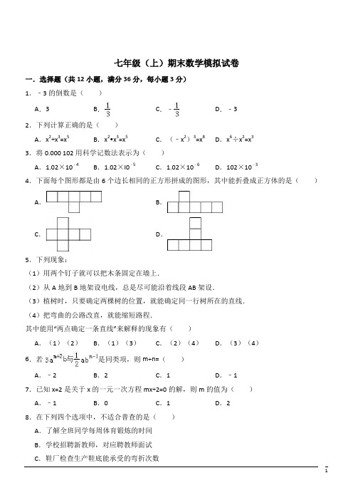 七年级上期末考试试题--数学(解析版)