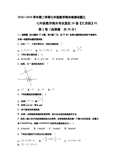 2018—2019学年第二学期七年级数学期末检测试题1江苏版苏科版七下含答案解析