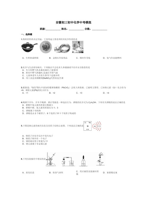 安徽初三初中化学中考模拟带答案解析
