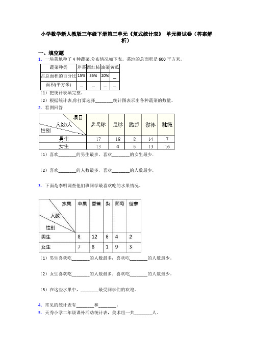 小学数学新人教版三年级下册第三单元《复式统计表》 单元测试卷(答案解析)