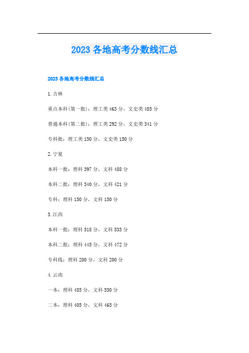 2023各地高考分数线汇总